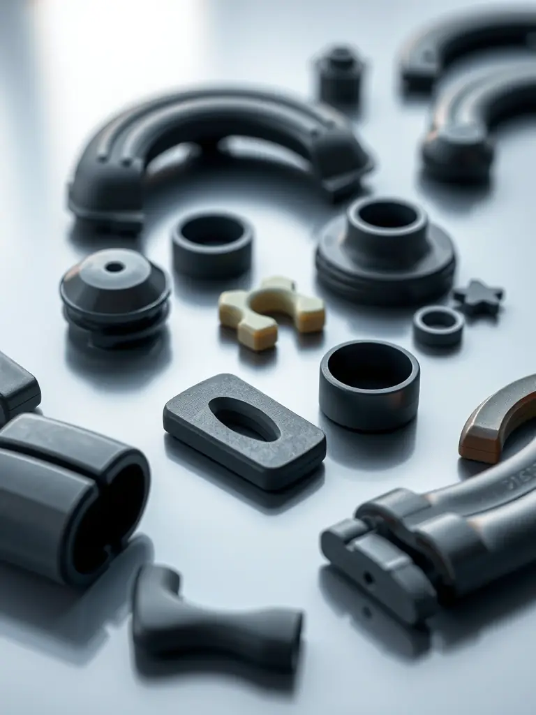 A detailed shot of various rubber injected components, showcasing their smooth finish and precise dimensions, with a focus on parts used in the automotive industry.