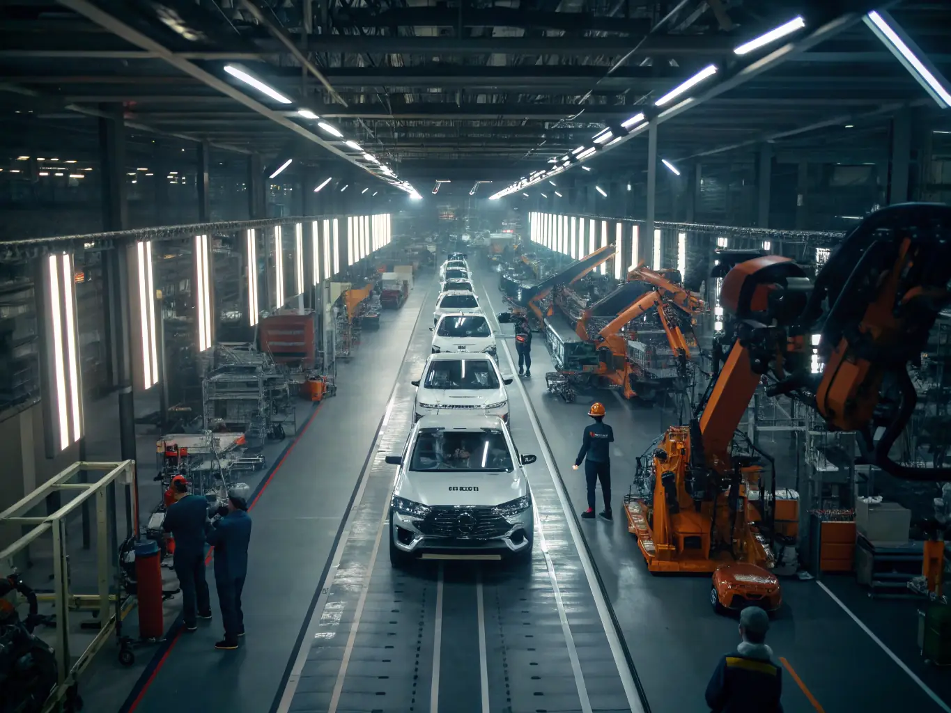 A high-angle shot of a modern automotive assembly line, focusing on the chassis and various metal components being installed, showcasing the integration of fabricated steel parts.