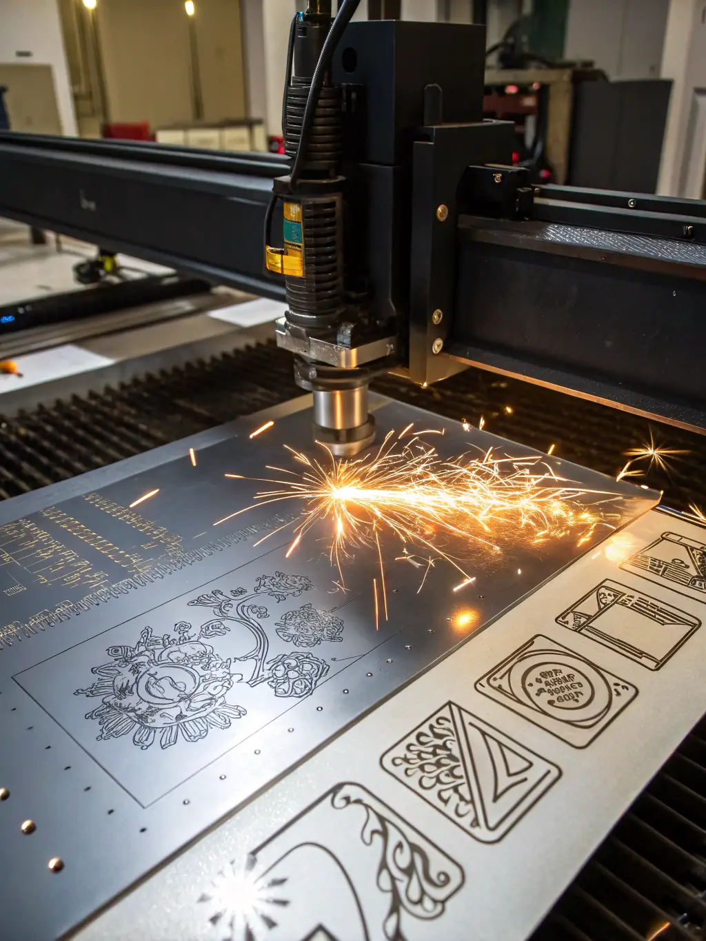 A high-resolution image of a CNC laser cutting machine precisely cutting a complex design into a sheet of steel, with sparks visible and the Zaib Industry logo subtly placed in the background.