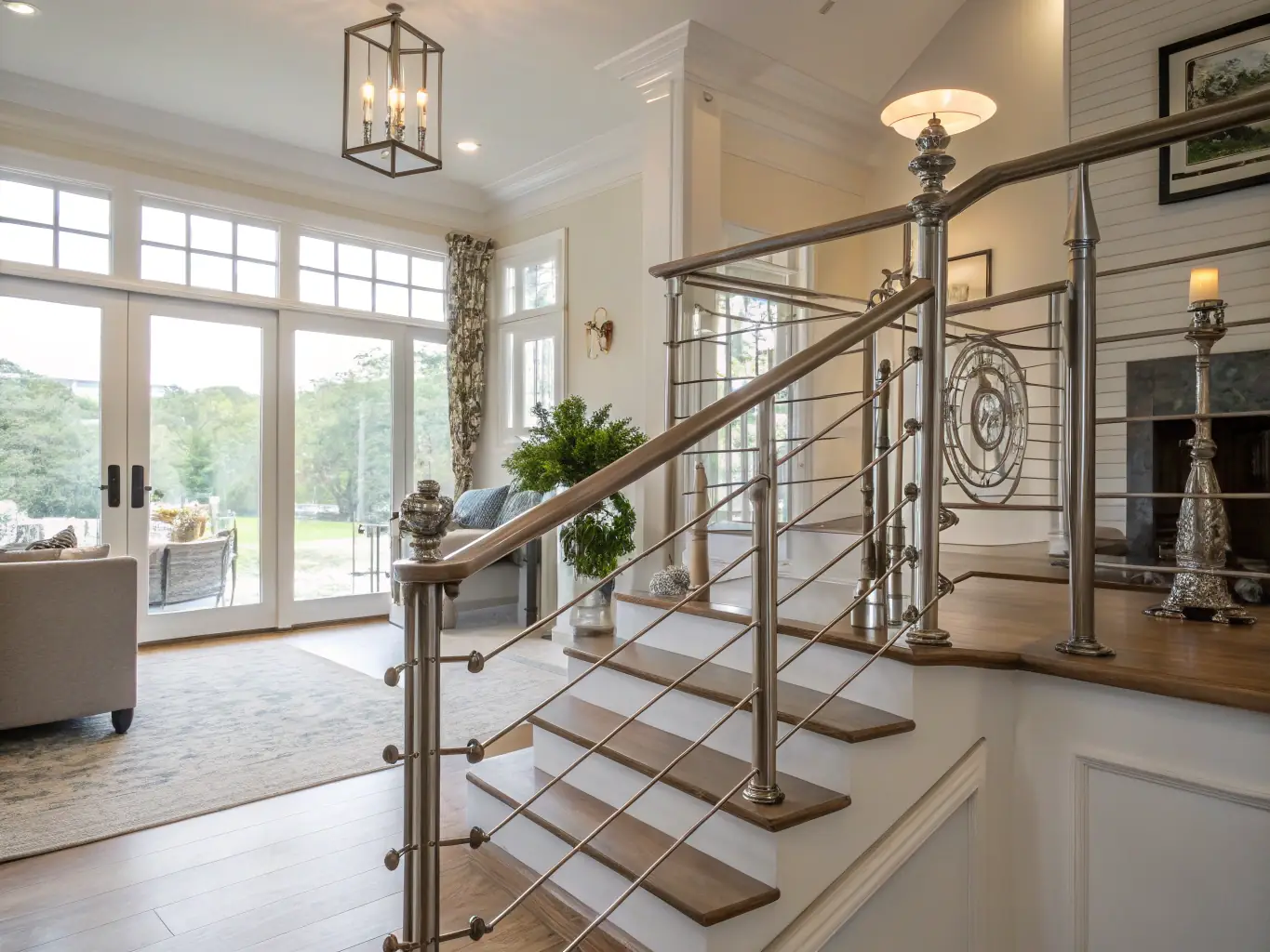A stylish interior design setting featuring custom metal fixtures, such as lighting fixtures and decorative panels, enhancing the aesthetic appeal of the space.