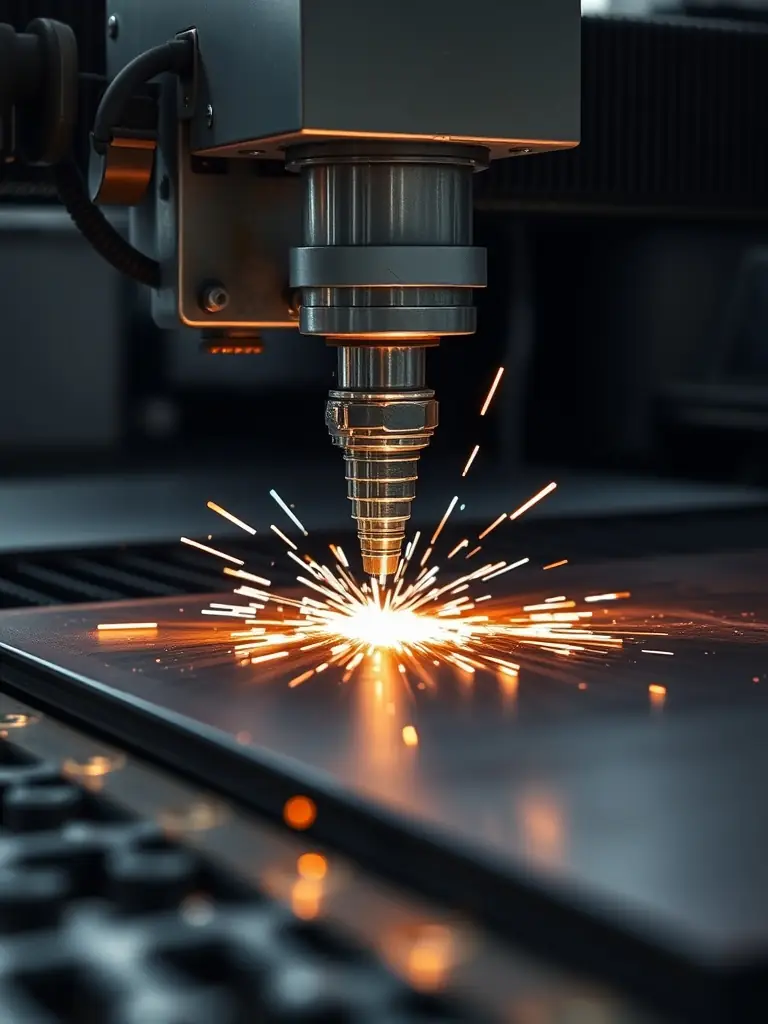 A close-up shot of a CNC laser cutting machine precisely cutting a complex steel component, showcasing the precision and technology used by Zaib Industry.