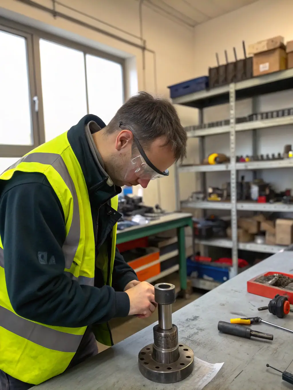 An image of a skilled technician inspecting a freshly cut steel component, highlighting the quality control process at Zaib Industry.