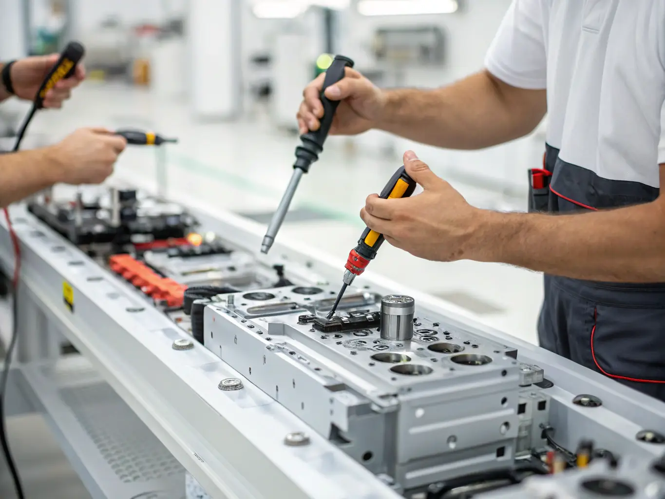 A close-up image of heavy machinery parts being assembled, highlighting the robust metal construction and intricate design.